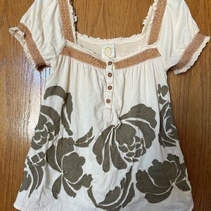 Anthropologie Ric Rac 100% Cotton‎ Appliqué Floral Peasant Top L